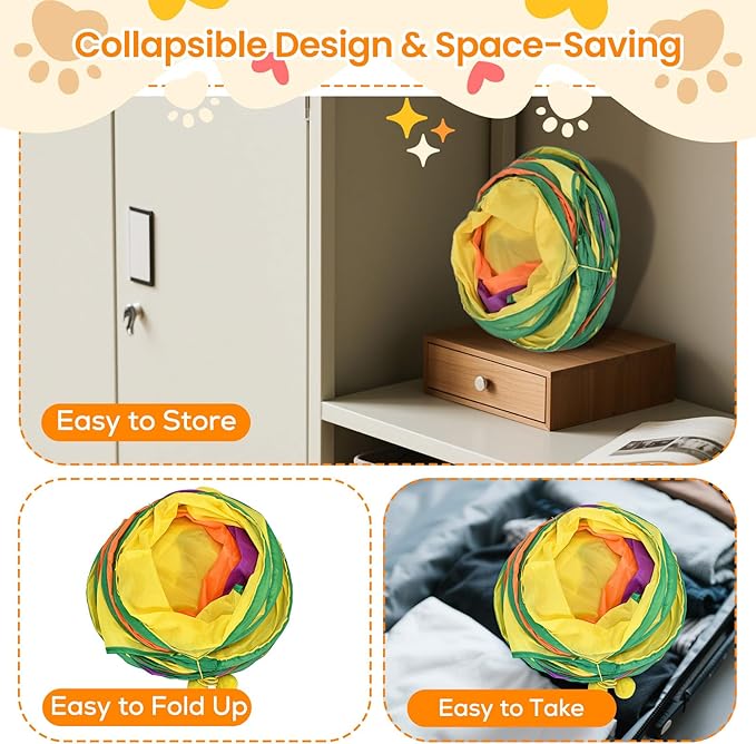 Petizer H-4-Way Collapsible Cat Tunnels for Kittens Indoor Entertainment, Washable Cute Cat Tube Toys with Interactive Playing Balls,Tear-Resistant Pet Tube, Cat, Kitten, Kitty, Puppy, Rabbit