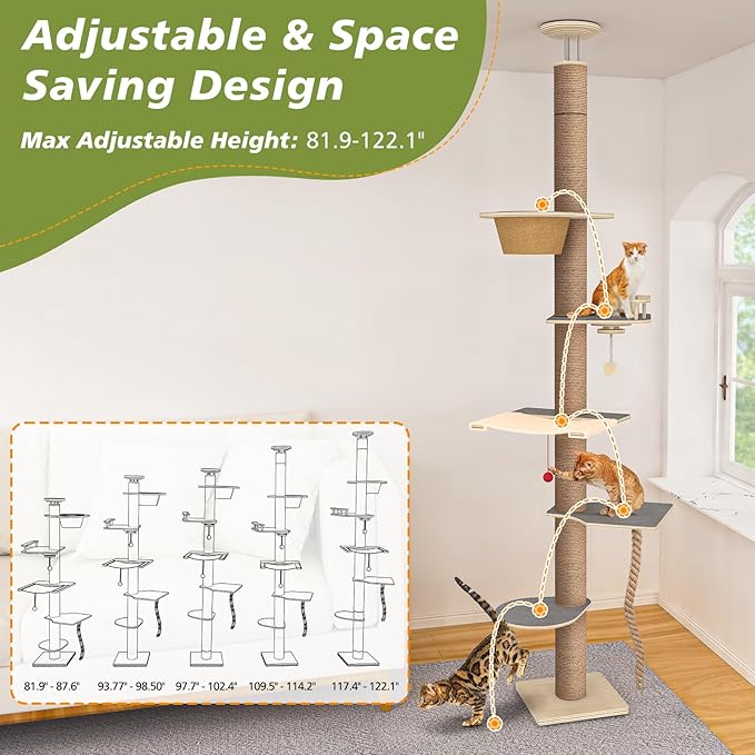 Floor to Ceiling Cat Tree, 5 Tier Cat Tower Adjustable Height (82-120 in), Tall Climbing Tree with Perches, Hammock, Scratching Post, Bed, Ball Toys, Solid Structure and Neutral Color Fit Home Decor