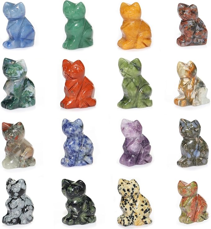 Crystal Cat Figurines Mix 12PCS, 1.5'' Hand Carved Cat Figurine, Healing Cat Statues and Figurines Gemstone Kitten Animal Carving for Collectible Figurines, Home Decor