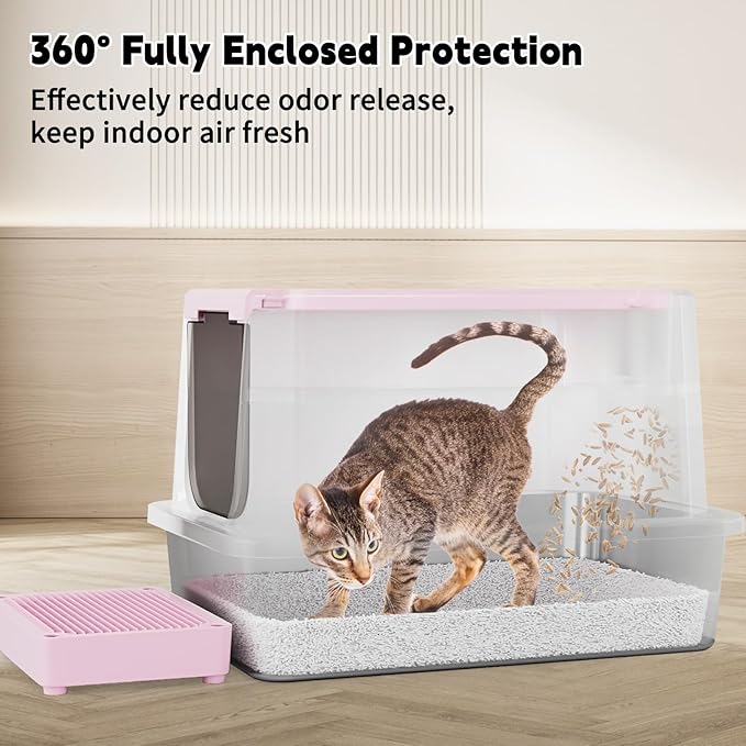 RIZZARI Enclosed Cat Litter Box: Pink Stainless Steel Odorless Cat Box - Top-Entry Design - Large Capacity High-Sided Leak Proof Litter Pan for Cats - Easy Clean Pet Toilet - for Living Room Bedroom