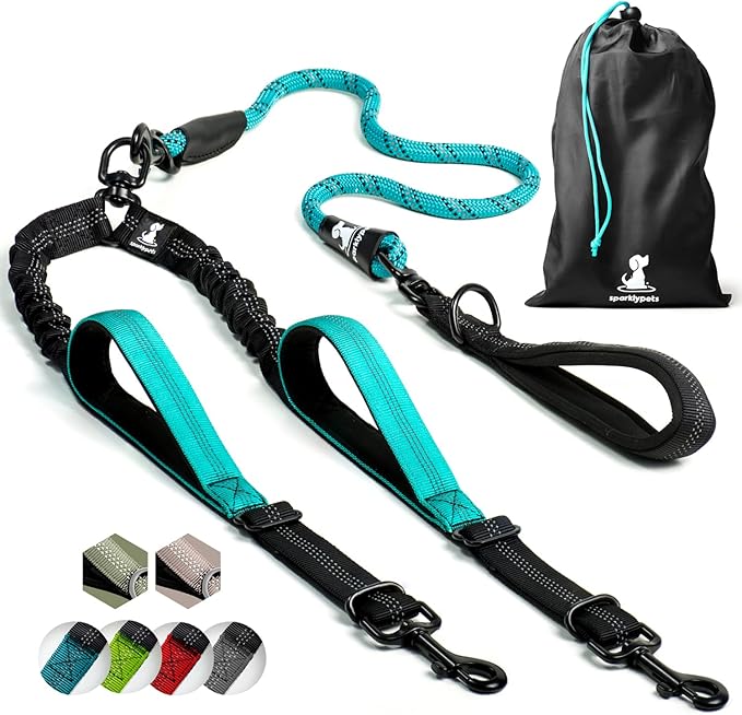 SparklyPets Double Dog Leash for 2 Dogs – Rope Bungee Dual Leash for Medium and Large Breeds with Padded Handles & Tangle Free (Teal, Medium/Large)