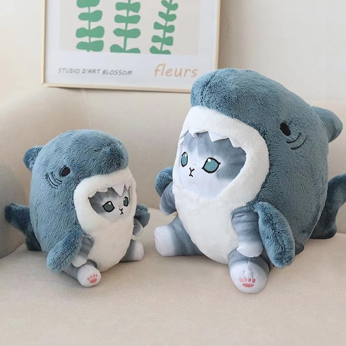Kawaii Shark Cat Plush Toy Stuffed Animal Doll, Cute Soft Pillow Stress Release Hugs Toys Christmas Halloween Birthday Gifts for Kids Boys Girl Best Gift (Blue - Grey,12 inch)