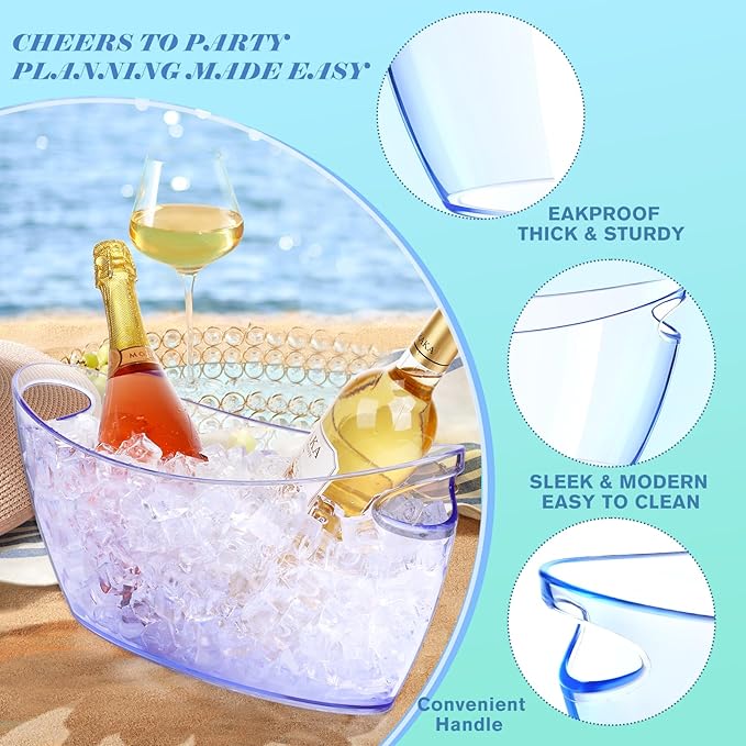 Ice Buckets for Parties, 2 PCS Acrylic Champagne Beverage with 2 Ice Bucket Scoop, Drinks Buckets Tub for Cocktail Bar, Long and Narrow 5.5 Liter Bucket for Chrismas Party(5.5L) (Light Blue)
