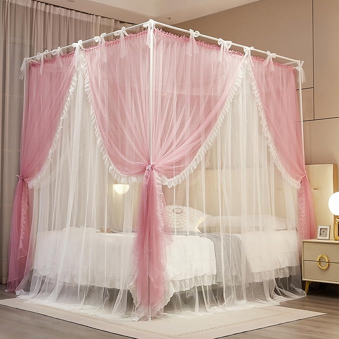 4 Corners Post Princess Curtain Bed Canopy Lace Up Double Layer 4 Opening Mosquito Net Mesh for Girls Bedroom Decoration(Pink/White, 53" W*78" L*82" H/Full)