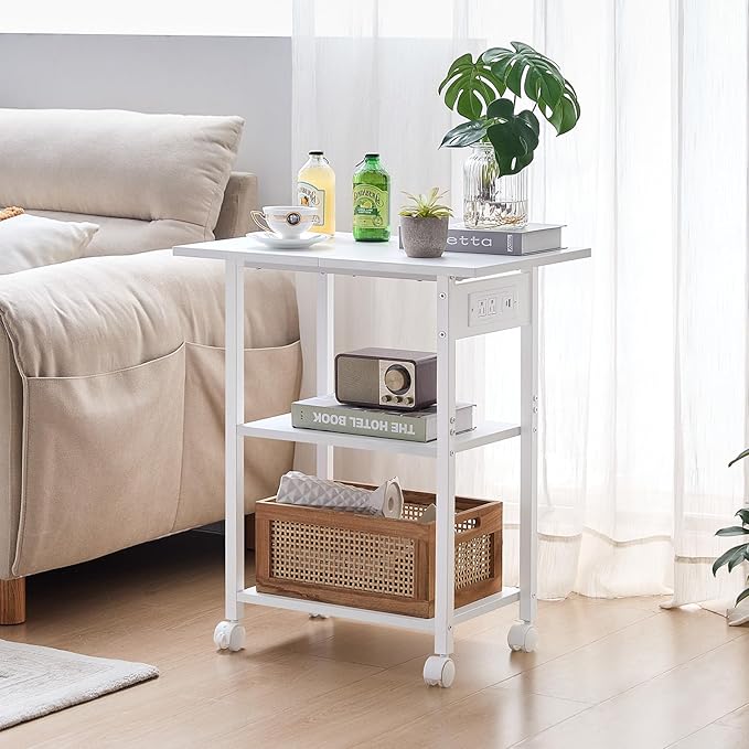 Lerliuo 3-Tier Printer Stand with Charging Station, Industrial Mobile Printer Table with Storage Shelf and Steel Frame, Rolling Printer Cart Holder with Lockable Wheels for Home, Office (White)