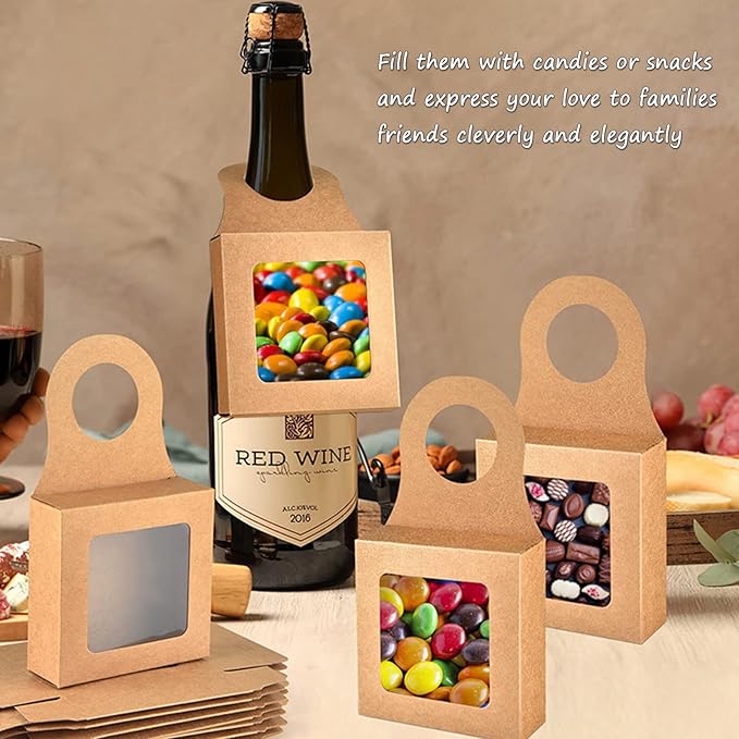 25pcs Kraft Paper Wine Bottle Box Wine Bottle Hanging Paper Box Hanging Foldable Wine Gift Boxes Hanging Bottle Gift Decoration for Holding Candy Truffles Chocolate Cookies