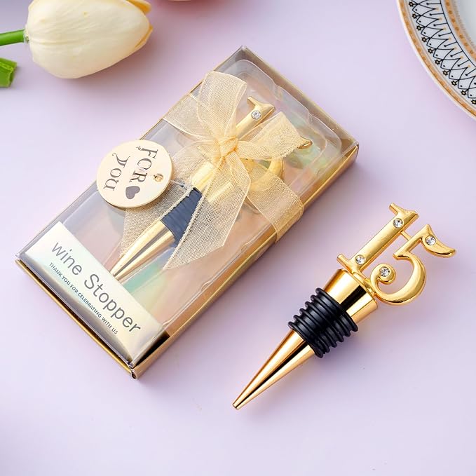 24-Pack 15 Wine Bottle Stopper for 15th Birthday Party Favors, Quinceañera Party Favors - 15 years old Wedding Anniversary Souvenirs or Decorations, Gift for Guests