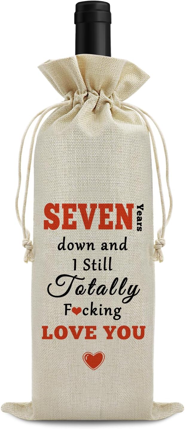 7th Year Marriage Gift for Couple Wife Husband Wine Bag 7th Anniversary Wedding Gift for Women Men Wine Gift Bag Valentine Birthday Christmas Gift for Him Her Drawstring Wine Wrapping Bag