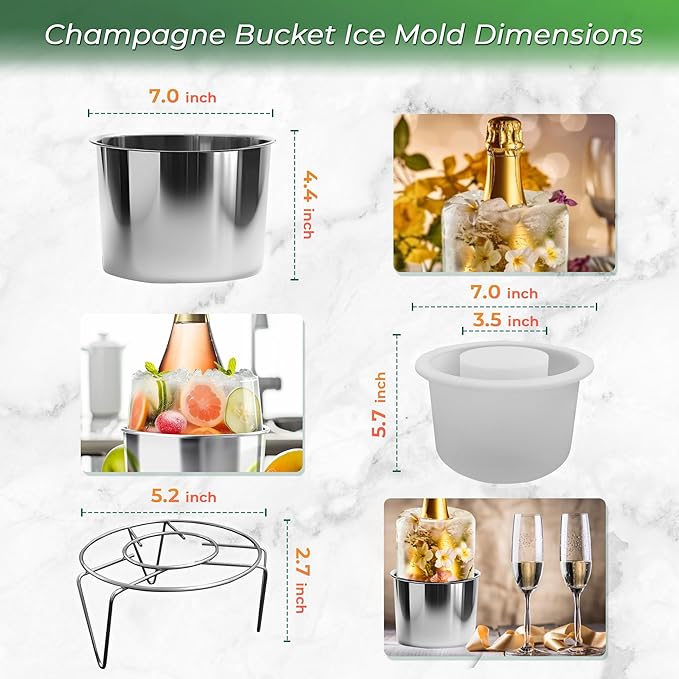 Ice Bucket Mold - DIY Wine Bottle Chiller & Cocktail Ice Molds, Use with Flowers, Fruits for Parties, Bars, Holidays, Weddings | Stainless Steel & Clear Plastic