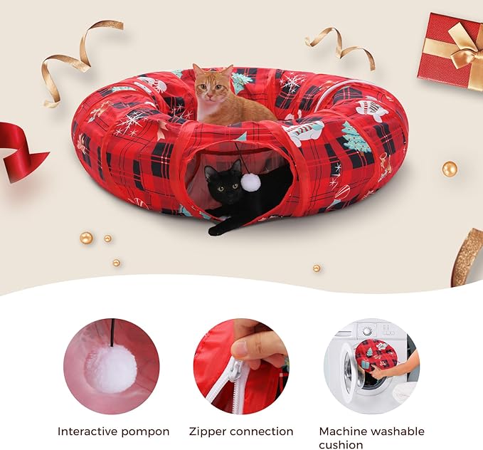 PAWZ Road Cat Tunnel Christmas Cat Donut Tunnel Collapsible Cat Tunnel Tube Dia-38 inches with Soft Mat for Indoor Cats, Rabbits and Puppies, Red