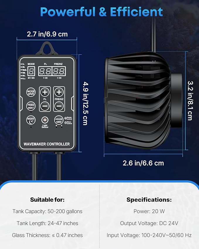 Pawfly 3400 GPH Wave Maker for Aquarium, DC 24V 20W Aquarium Powerhead with LED Controller, Quiet Submersible Wavemaker, Water Circulation Pump for 50-450 Gallon Freshwater Saltwater Tank