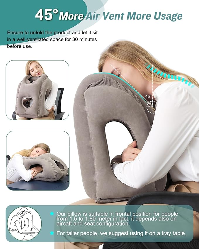 JefDiee Inflatable Travel Pillow, Airplane Neck Pillow Comfortably Supports Head and Chin for Airplanes, Trains, Cars Office Napping on The Tray Table (Grey)