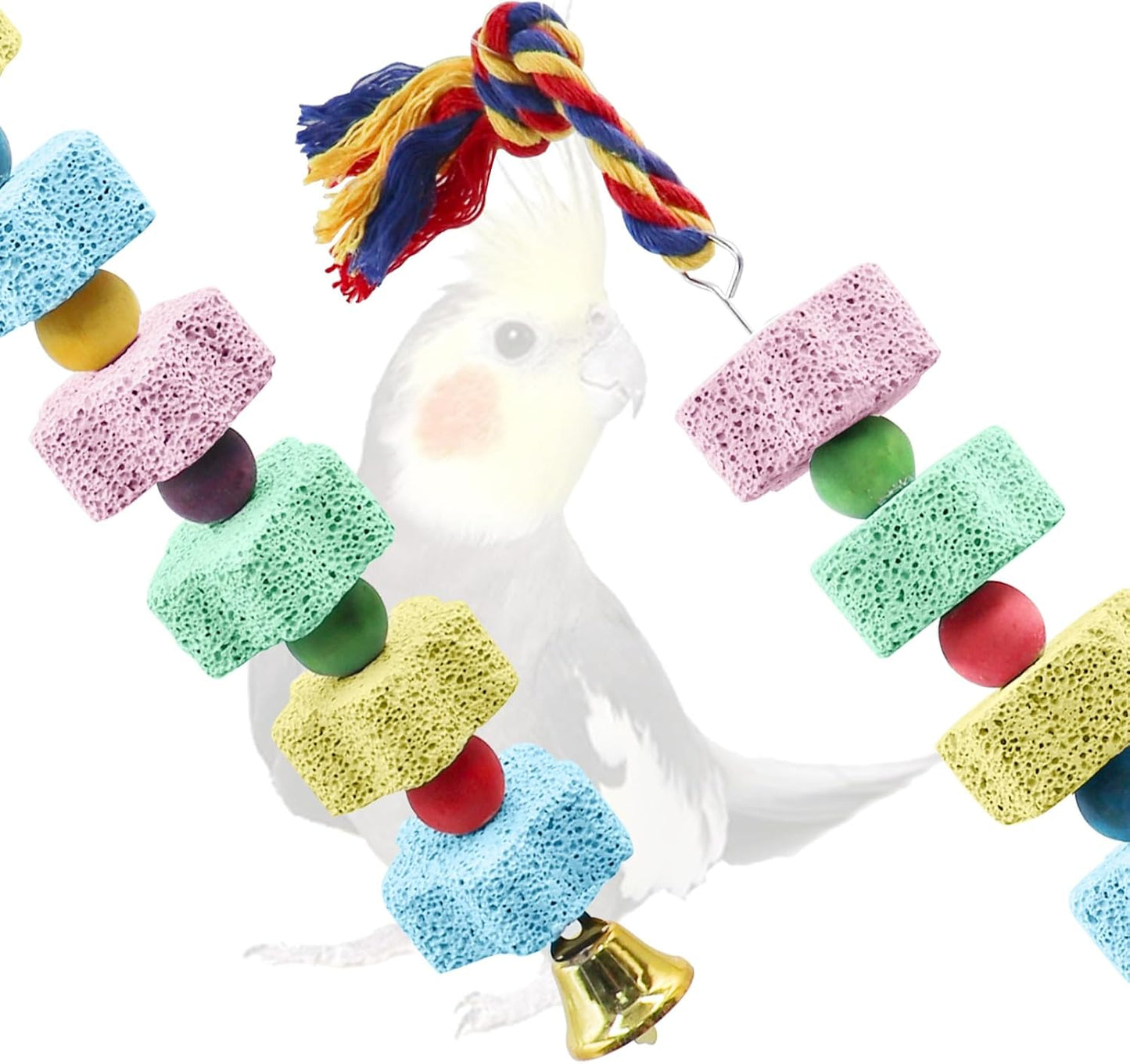2 Pack Bird Chewing Toy, Colorful Parrot Beak Grinding Calcium Stone with Bells, Cage Accessories for Cockatiels Parakeets Parrots Budgies Lovebirds Rat Hamster Chinchilla Rabbit Bunny African Grey