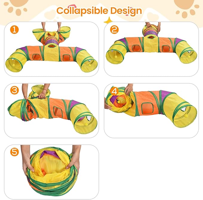 Petizer H-4-Way Collapsible Cat Tunnels for Kittens Indoor Entertainment, Washable Cute Cat Tube Toys with Interactive Playing Balls,Tear-Resistant Pet Tube, Cat, Kitten, Kitty, Puppy, Rabbit