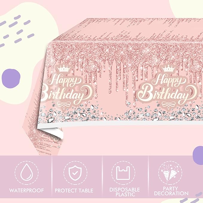 41Pcs Rose Gold Birthday Party Decorations - Pink Rose Gold Theme Supplies - Includes 20 Plates, 20 Napkins and 1 Tablecloth for Girls Women