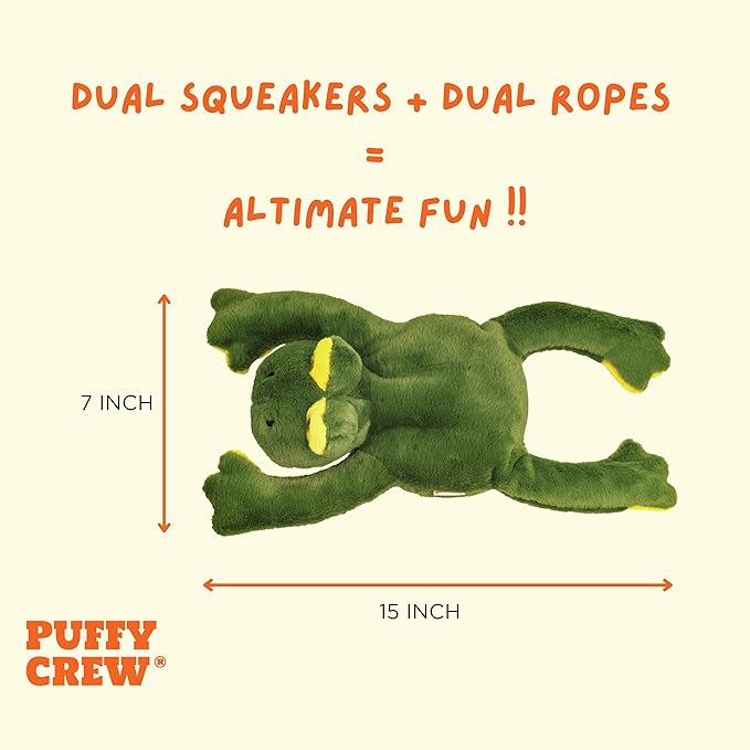 Squeaky Disk & Built-in Ropes Dog Plush Toy, Bustling Safari Collection, 15", for Dogs of All Breeds (Frog)