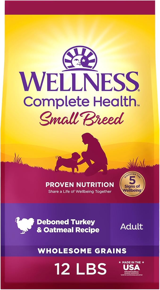 Wellness Complete Health Small Breed Adult Dry Dog Food with Grains and Real Turkey, Natural Ingredients, Omega Fatty Acids, and Probiotics, Made in USA (12-Pound Bag)”
