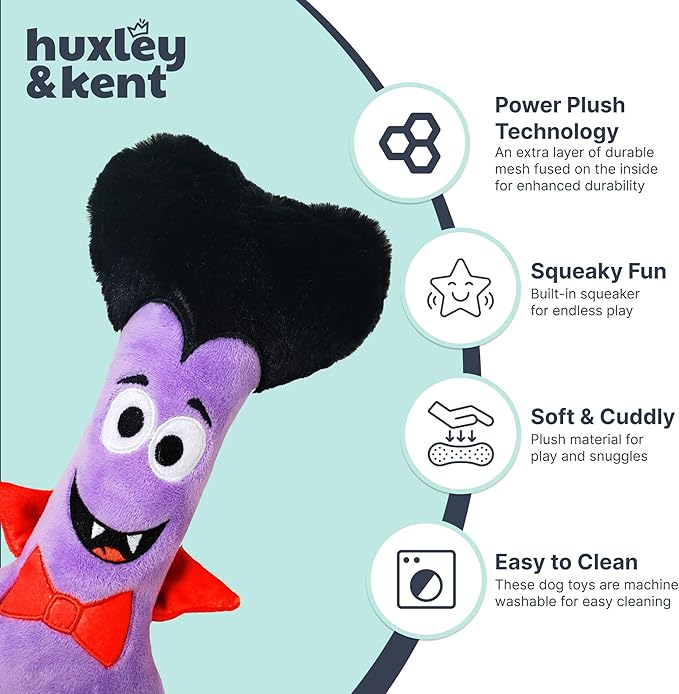 Huxley & Kent Halloween Funny Dog Toy w/Squeaker – Power Plush Squeaky Dog Toys for Small, Medium & Large Dogs – Soft Stuffed Animal for Indoor Play & Fetch - Dracula Bone, One Size