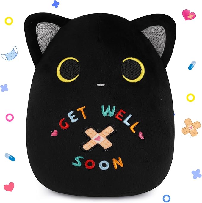 Get Well Cat Plush Toy, Black Cat Get Well Soon Stuffed Animal Gift for Kids Women,Soft Cute Black Huggable Pillow Kawaii Plushies Gift for Girls Boys