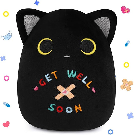 Get Well Cat Plush Toy, Black Cat Get Well Soon Stuffed Animal Gift for Kids Women,Soft Cute Black Huggable Pillow Kawaii Plushies Gift for Girls Boys