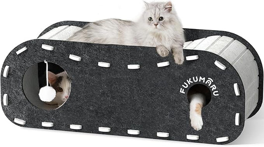 FUKUMARU Cat Beds for Indoor Pets, 31.5 Inches Extra-Large Cat Cave for Multi-Pet, Cozy House with Fluffy Ball Hanging, Scratch Resistant Felt Kitten Hideaway Bed, Feline Tunnel, Grey