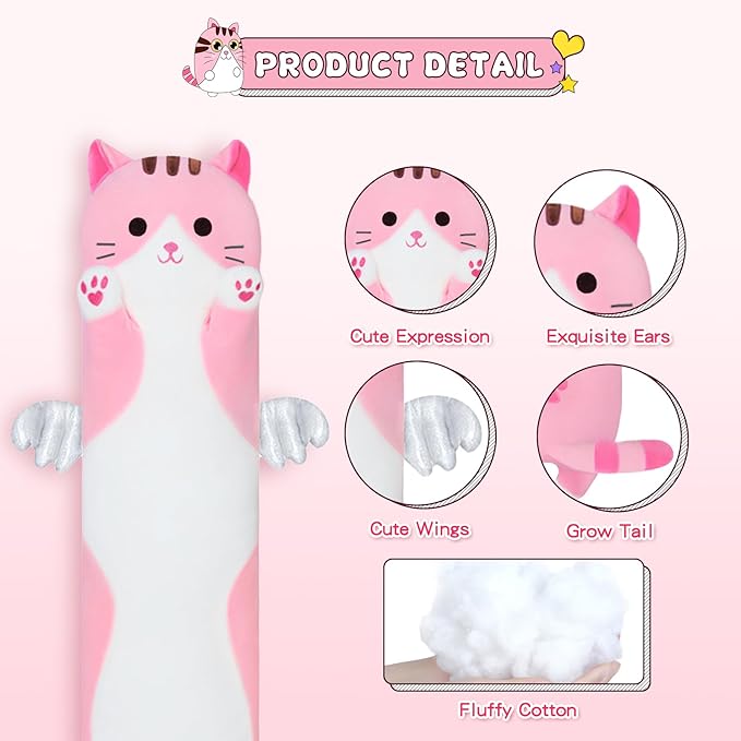 Long Cat Plush Body Pillow, Cute Cat Plush Toy Pillows with Wings, Stuffed Animals Kitten Soft Plushies Gifts for Kids Girls Girlfriend(Pink, 35.4in/90cm)