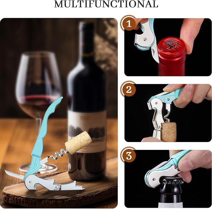 HYZ 2-Pack Wine Opener Waiter Corkscrew, Professional Wine Key for Servers, Bartender with Foil Cutter, Manual Wine Bottle Opener Double Hinged (Aqua Blue)