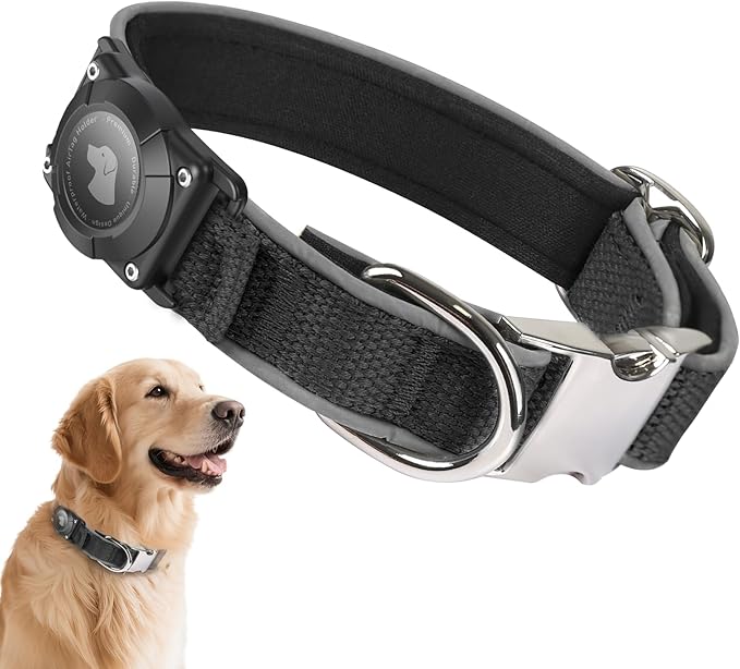 Waterproof Airtag Dog Collar - Nylon Collar with Durable Airtag Holder, Reflective&Anti-Lost with Safety Metal Buckle, Soft Padded Adjustable for Small Medium Large Dogs Black M