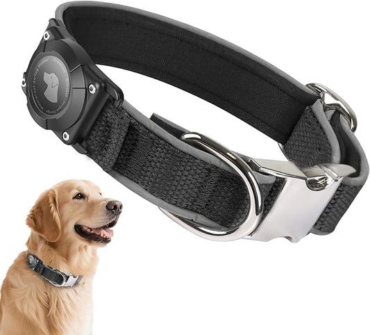 Waterproof Airtag Dog Collar - Nylon Collar with Durable Airtag Holder, Reflective&Anti-Lost with Safety Metal Buckle, Soft Padded Adjustable for Small Medium Large Dogs Black XL