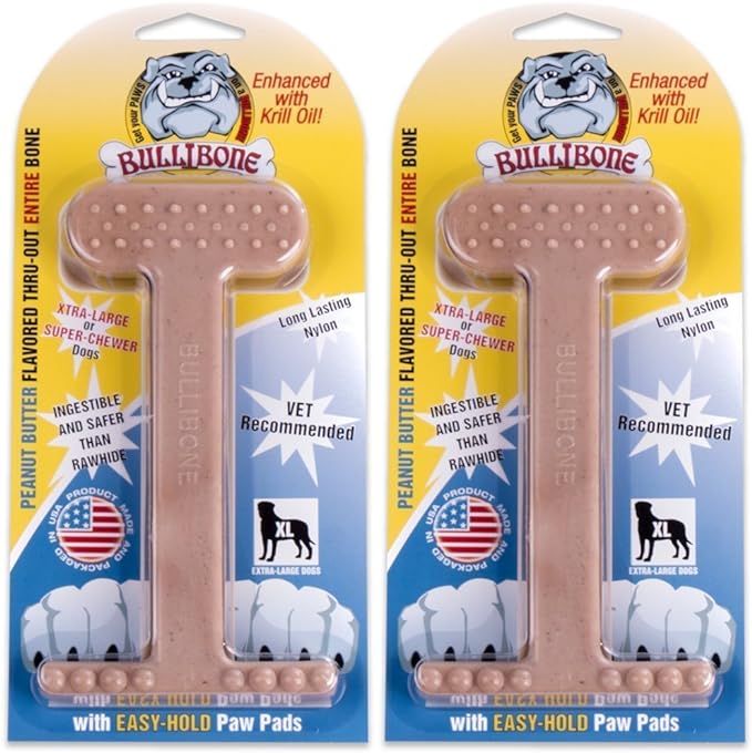 Bullibone Nylon Dog Chew Toy Nylon Bone - Improves Dental Hygiene, Easy to Grip Bottom, and Permeated with Flavor (Peanut Butter, XL - 2 Pack)