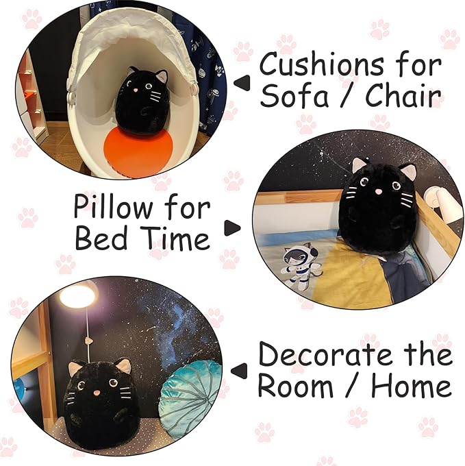Black Cat Kitty Stuffed Animals Plush Toys with Embroidered Eyes for Boy Girl Baby Halloween Decoration Pillow Cushion Sofa Housewarming Gifts