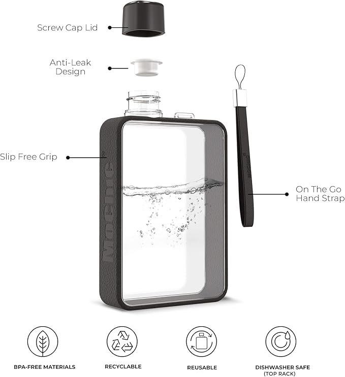 Mochic 13oz Flat Water Bottle - Portable Travel Mug Handbag Slim Cold Plastic Flask | BPA Free A5 Water Bottle Tritan Plastic | Sports, Camping, Gym, Fitness, Outdoor - Leak Proof. 380ml (Black)