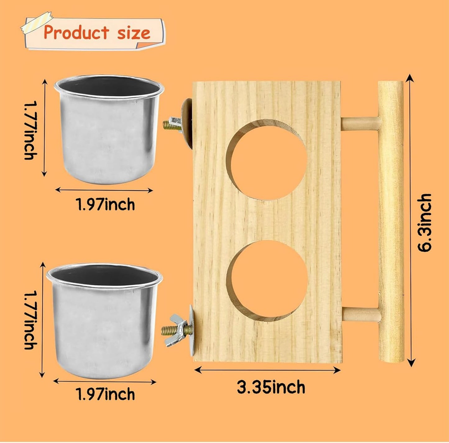 Tfwadmx Bird Feeding Dish Cups with Wooden Platform Hanging Stainless Steel Parrot Cage Feeder Bowl Wood Perch Stand for Parakeet Cockatiels Lovebirds Budgie (Small)