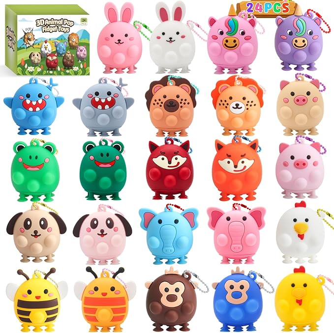 24pcs Party Favors for Kids - 3D Animal Pop Fidget Toys Bulk for Goodie Bag Stuffers, Treasure Box Toys for Classroom, Pinata Stuffers Carnival Prizes, Bath Suction Toys for Toddlers