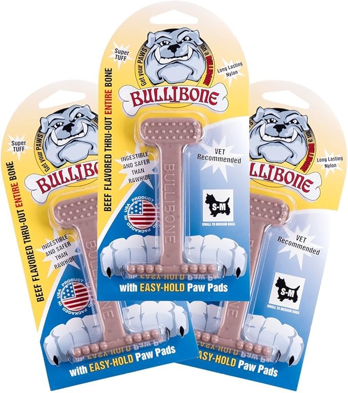 Bullibone Nylon Dog Chew Toy Nylon Bone - Improves Dental Hygiene, Easy to Grip Bottom, and Permeated with Flavor (Beef, Small - 3 Pack)