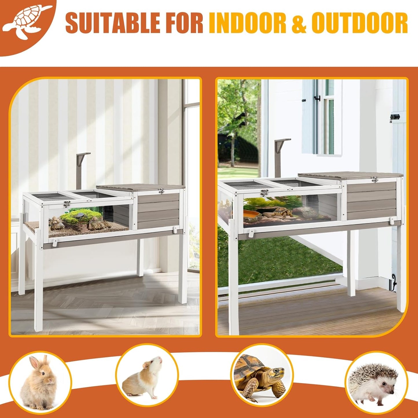 Tortoise Habitat Large Wooden Tortoise Enclosure Habitat with No-Leaking Tray Indoor & Outdoor, Reptile Cage for Small Animals TOR03-Grey