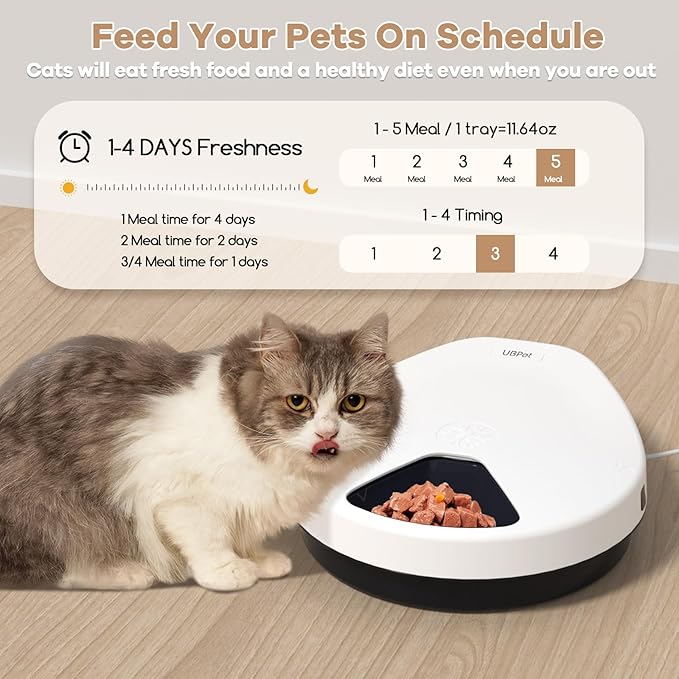 UBPET Automatic Cat Feeder Wet Food, 2025 Upgraded Refrigerated Auto Cat Feeder with Semiconductor Cooling, 4 Days Freshness 5 Meals, Pet Food Dispenser for Cats and Small Dogs, Easy to Clean(White)