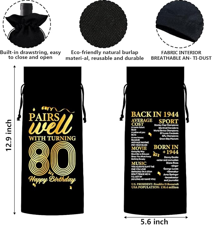 80th Birthday Gifts Wine Bag Congratulations Gifts for Women Men Parents Mom Dad Anniversary Favors 1944 Birthday Wine Gift Bag