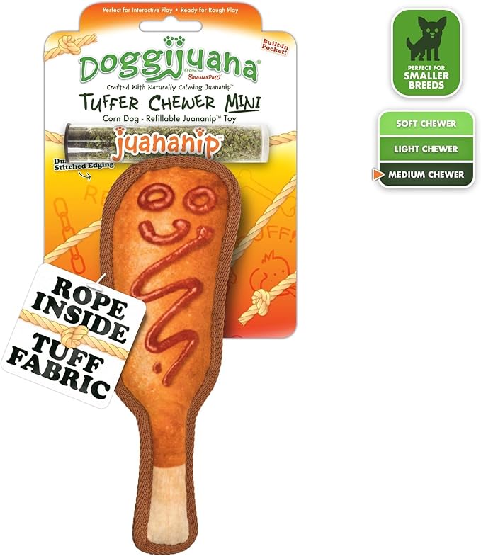 Doggijuana Tuffer Chewer Mini Plush Dog Toy | Funny Dog Toy Plush with Juananip Catnip for Dogs | Calming Aid for Dogs | Interactive Squeaky Chew Toy for Play (Corn Dog)