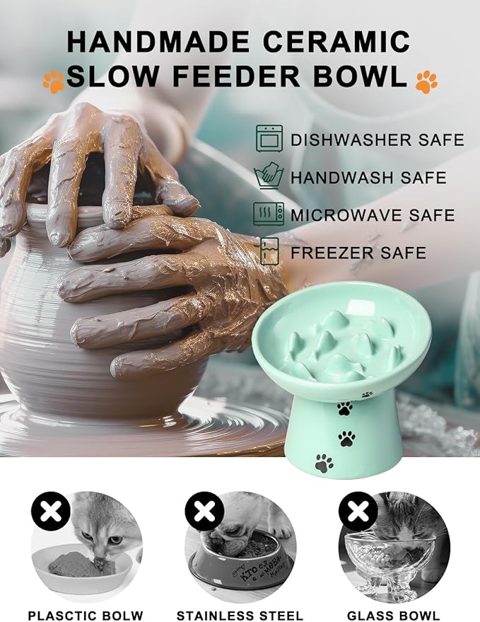 Y YHY 6 Inches Cat Slow Feeder Bowl, Elevated Dog Feeder, Ceramic Anti-Vomiting Bowl for Dry and Wet Food, Green