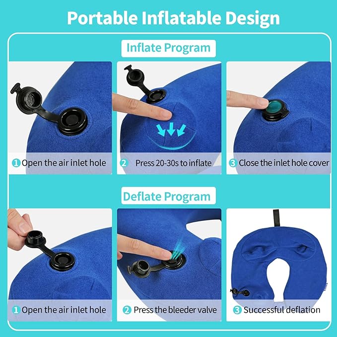 Inflatable Travel Neck Pillow for Airplane, 360° Head Support Velvet Adult Neck Pillow for Long Flight, Removable Washable Cover, Kit with Eye Masks, Earplugs & Storage Bag, Navy Blue