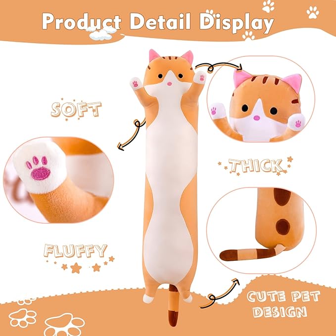 Long Cat Plush Pillow, 43.3in Cute Cat Plushie Stuffed Animals Body Pillow, Yellow Kawaii Kitten Soft Plushie Doll Toy Birthday Gift for Kids Girlfriend