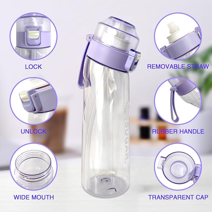 Air Water Bottle,650ML Scent Water Cup with 7 Flavour Pods,Leak Proof Sports Water Cup with Straw Suitable for Outdoor Sports,Gifts From Friends, Birthday Gifts (Purple)