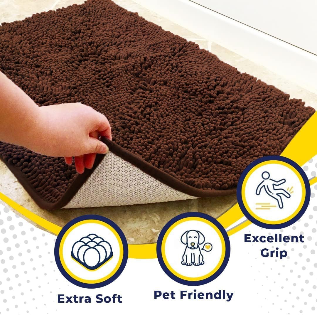 Muddy Mat® AS-SEEN-ON-TV Highly Absorbent Microfiber Door Mat and Pet Rug, Non Slip Thick Washable Area and Bath Mat Soft Chenille for Kitchen Bedroom Indoor and Outdoor - Chocolate Brown 3ft x 8ft