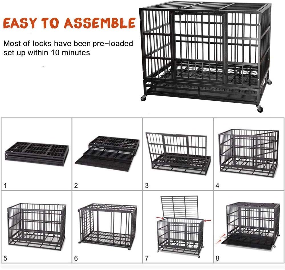 LEMBERI 42 inch Heavy Duty Indestructible Dog Crate, Escape Proof Dog Cage Kennel with Lockable Wheels,High Anxiety Double Door Dog Crate,Extra Large Crate Indoor for Large Dog with Removable Tray
