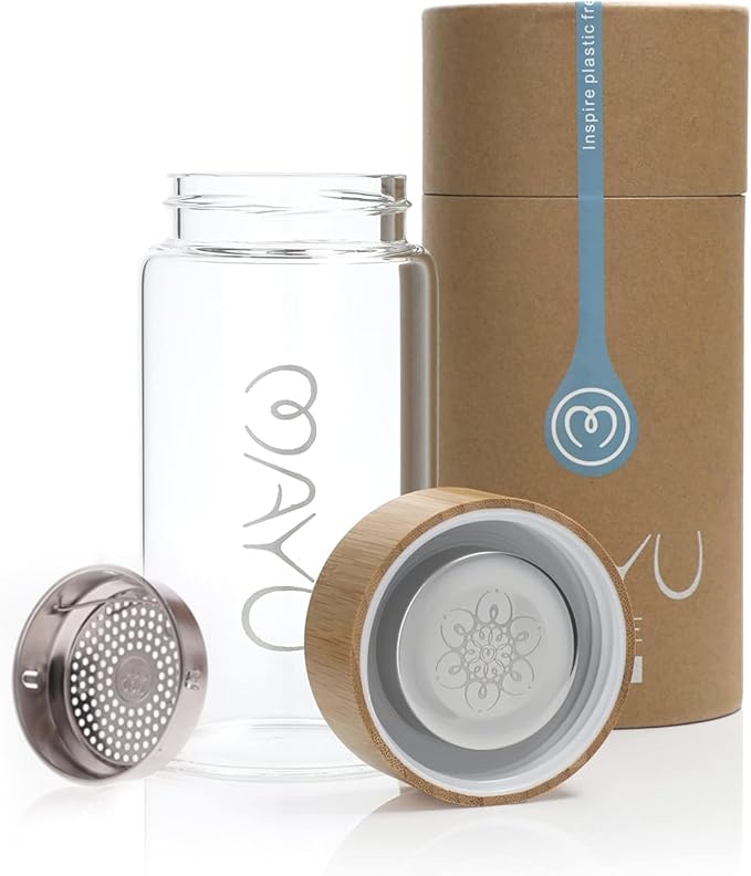 mayu Travel Water Bottle with Bamboo Lid - Eco Friendly & BPA Free Borosilicate Glass | Adult and Kids Bottles with Cap - Leak Free Design - Non-Toxic Reusable Bottle for Everyday Use | 0.5L, 17OZ