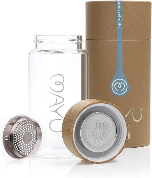 mayu Travel Water Bottle with Bamboo Lid - Eco Friendly & BPA Free Borosilicate Glass | Adult and Kids Bottles with Cap - Leak Free Design - Non-Toxic Reusable Bottle for Everyday Use | 0.5L, 17OZ