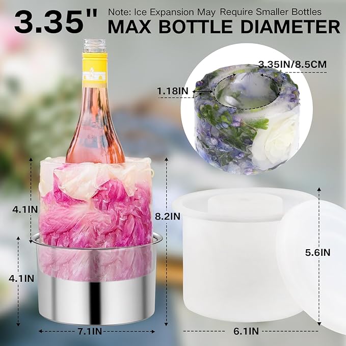 Silicone Ice Bucket Mold Wine Bottle Chiller, [EASY TO GET OUT] DIY Champagne Ice Mold with Flowers/Fruits/Theme Decors, Wine Ice Bucket for Parties/Wedding/Festival/Holiday