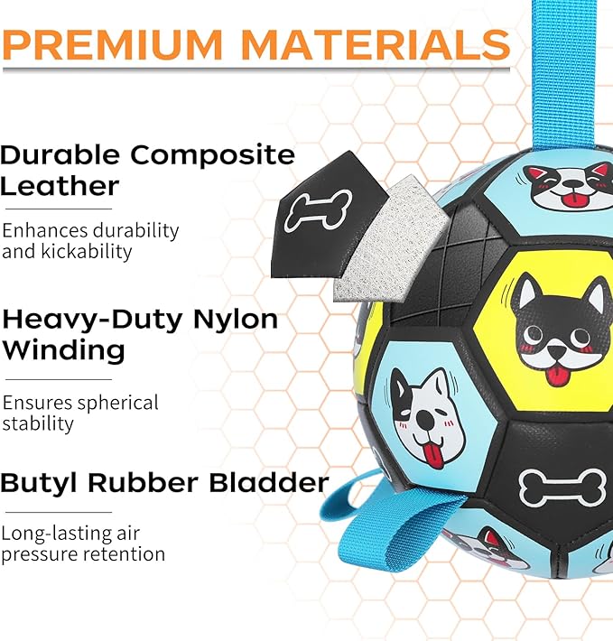 Dog Toy Soccer Ball with Straps, Herding Ball for Dogs, Outdoor Interactive Dog Toy, Dog Fetch Toy, Ideal for Medium & Large Dogs, Great Puppy Birthday (6 Inch)