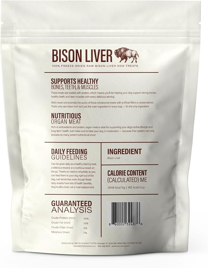 360 Pet Nutrition Freeze-Dried Raw Bison Liver Dog Treats – Single Ingredient, High Protein, Grain-Free, All-Natural Training Snacks, Made in USA, 4 oz